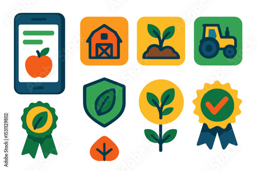 Organic Grocery Icons. Isometric flat vector illustration of a digital organic grocery app interface with farm origin filters and