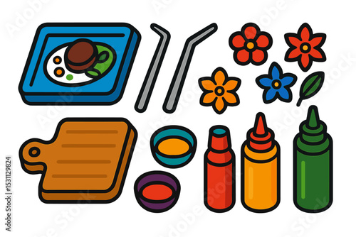 Food Styling Tools. Isometric flat vector illustration of a food styling station with plating tools, tweezers, edible flowers, and