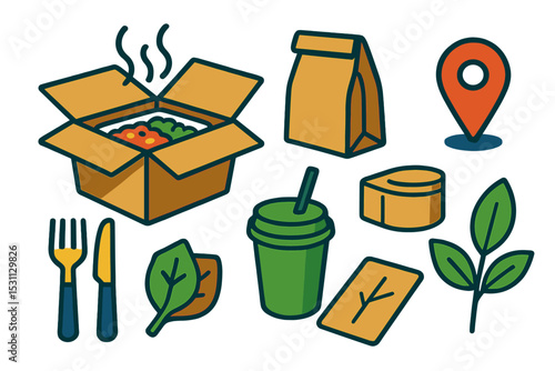Eco-friendly Meal Unboxing. Isometric flat vector illustration of a meal delivery unboxing moment with steam rising, elegant