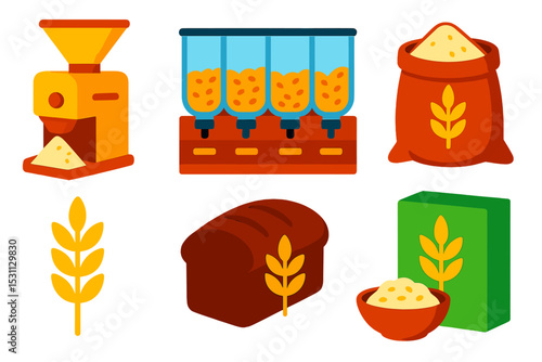Colorful Grain Grinder Icons. Isometric flat vector illustration of a grain grinder corner in an organic market with whole wheat