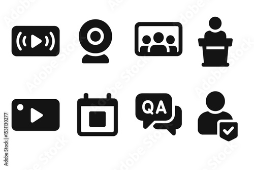 Virtual Event Icons. Solid style icons of virtual events and webinars: live stream icon, webcam, virtual audience, speaker podium,