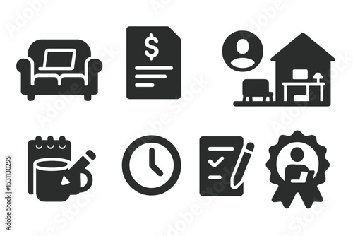 Freelancer Icons Set. Solid style icons of freelancer lifestyle: laptop on couch, invoice icon, personal brand logo, home