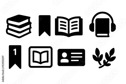 Book Reading Icons. Solid style icons of book reading and library UI: book stack, bookmark icon, open book, audiobook icon,