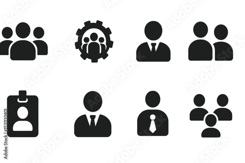 Business Team Icons. Solid style icons of business team users: corporate group icon, team management, HR user icon, coworker icon,