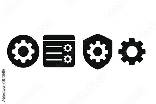 System Preferences Icons. Solid style icons of system preferences: gear in circle, settings page icon, system settings badge,