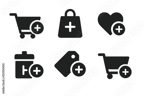 Add to Cart Icons. Solid style icons of ecommerce and cart: add to cart icon, shopping bag with plus, wishlist plus, product add