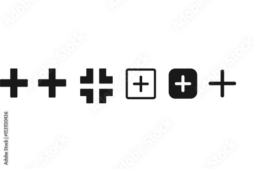 Minimal Add Icons. Solid style icons of minimal and aesthetic add icons: mono plus, round plus button, geometric + symbol, outline