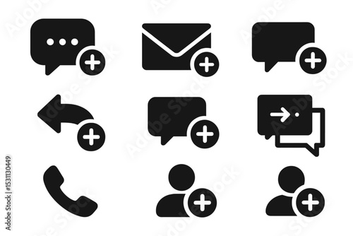 Communication Icon Set. Solid style icons of adding communication: chat bubble with plus, open message add, comment add icon,