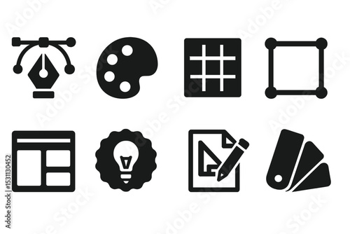Digital Design Icons. Solid style icons of design in digital marketing: pen tool icon, paint palette, grid alignment, vector icon,