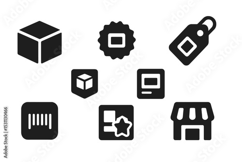 Digital Marketing Icons. Solid style icons of product in digital marketing: product box icon, digital item badge, product tag,