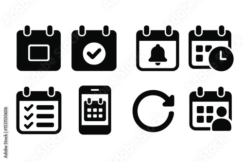 Calendar Icon Set. Solid style icons of calendar features: event block icon, date picker, scheduled reminder, time slot icon, task