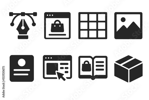 Design Platform Icons. Solid style icons of design in commerce platforms: pen tool icon, product page layout, responsive grid,