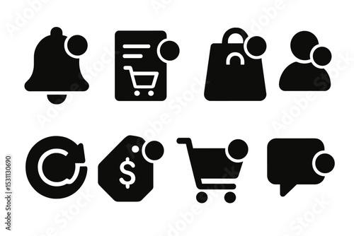 Notification Icons Collection. Solid style icons of notifications and updates: bell icon, order alert, product drop alert, unread