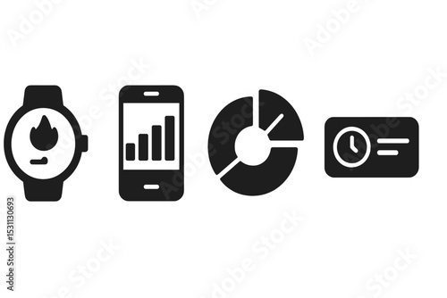 Screen Time Icons. Solid style icons of screen time tracking: watch hour streak icon, hourly bar over phone icon, segmented circle