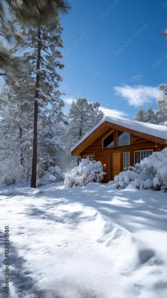 Cozy cabin nestled in snow covered forest during winter under a bright blue sky, showcasing a serene and picturesque mountain setting. Cozy cabin nestled in snow covered forest during winter under a bright blue sky, showcasing a serene and picturesque mountain setting.