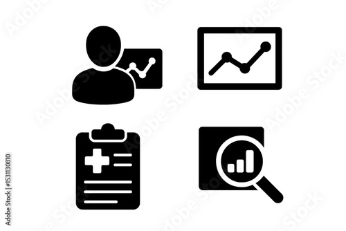 Healthcare Analytics Icons. Solid style icons of healthcare analytics: patient graph, trend line, diagnosis chart, analytic bars.