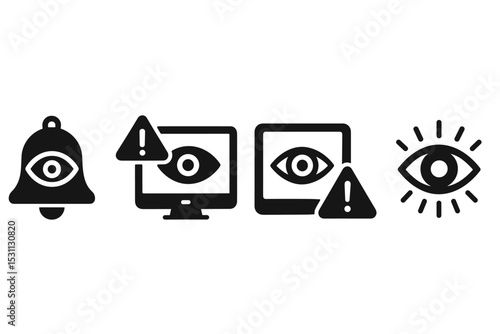 Eye Strain Alerts. Solid style icons of eye strain alert: notification bell with eye icon, alert screen with eye symbol, warning