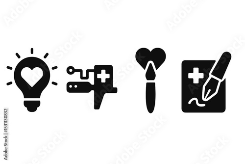 Healthcare Innovation Icons. Solid style icons of healthcare creativity: creative health icon, innovation tool, idea brush,