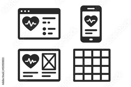 Medtech Wireframe Icons. Solid style icons of wireframes for medtech: low-fidelity screen, mobile mockup, UI sketch, layout grid.