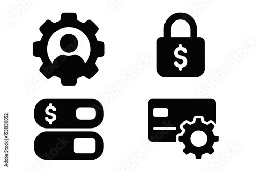Financial Settings Icons. Solid style icons of finance settings: gear icon, account controls, toggle panel, configuration card.