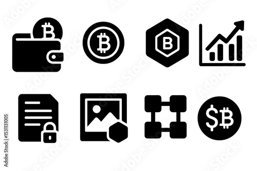 Crypto Business Icons. Solid style icons of crypto in business: crypto wallet, digital coin, token badge, crypto chart. Solid