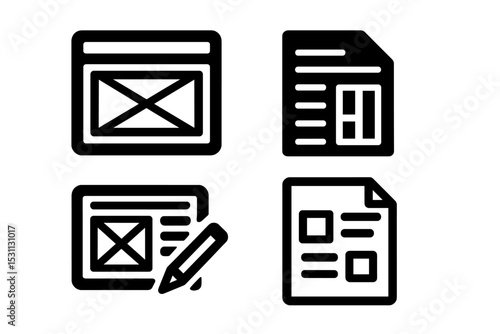 Wireframing Tool Icons. Solid style icons of wireframing tools: screen wireframe, layout lines, draft mode, UI sketch. Solid style