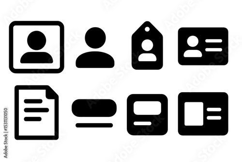 Bio Element Icons. Solid style icons of bio elements: intro block, bio icon, tag card, profile snippet. Solid style of about