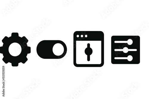 Solid Settings Icons. Solid style icons of settings and configuration: gear icon, toggle switch, preferences tab, control menu.