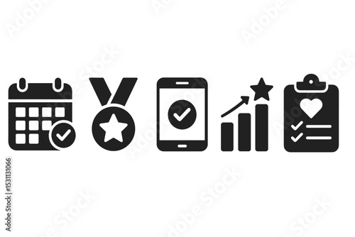 Positive Habits Icons. Solid style icons of positive habits: daily routine calendar, habit streak medal, app with success tick,