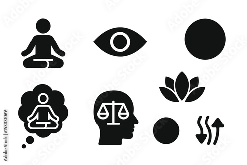 Mindfulness Icon Set. Solid style icons of mindfulness: meditation pose, focused eye, lotus icon, inner peace circle. Solid style