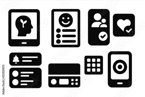 Mental Health Icons. Solid style icons of mental health interfaces: calm UI, mood panel, interaction tab, care widget. Solid style