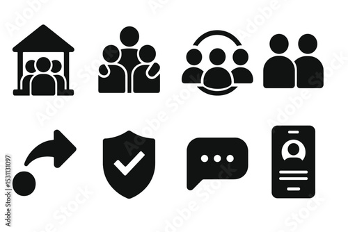 Social Support Icons. Solid style icons of social support systems: community hub, group care, talk circle, peer icon. Solid style