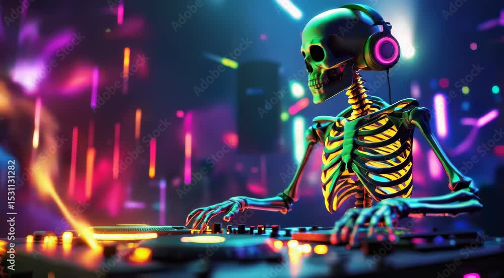 Skeleton DJ mixes vibrant neon music at a rave party under colorful lights