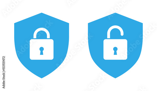 Shield with locked and unlocked icon in blue color. Security, privacy, access denied and approved vector illustration.