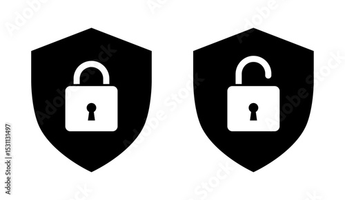 Shield with locked and unlocked icon in black color. Security, privacy, access denied and approved symbols vector illustration.