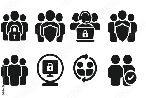 Security Icons Set. Solid style icons of security teams: team lock, shielded crew, cyber response unit, group defense. Solid style