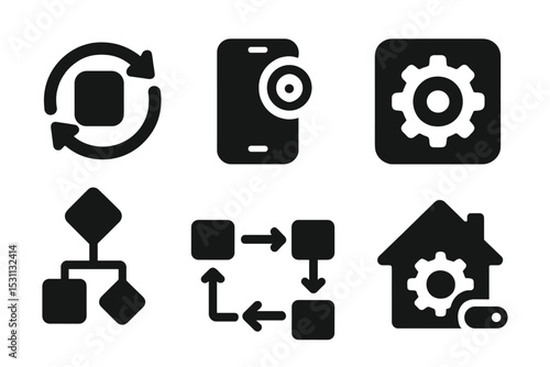 Solid Automation Icons. Solid style icons of automation workflows: task loop, smart trigger, routine flow, auto process. Solid