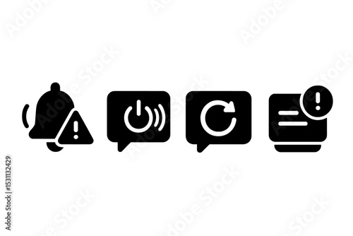 Solid Notification Icons. Solid style icons of startup notifications: alert bell, system ping, update icon, push badge. Solid
