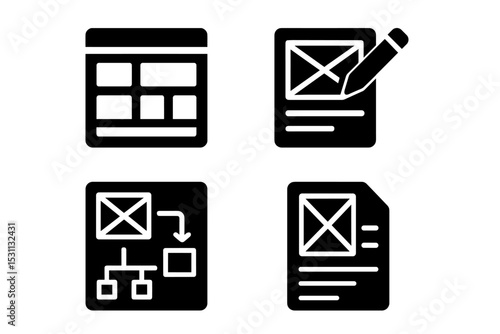 Wireframe Design Icons. Solid style icons of wireframing: layout lines, UI sketch, prototype map, content draft. Solid style of