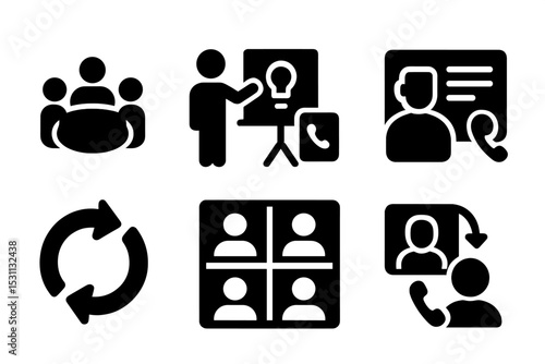 Startup Meeting Icons. Solid style icons of startup meetings: group table, pitch round, call board, meeting card. Solid style of