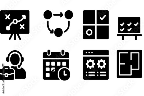 Solid Support Icons. Solid style icons of support planning: strategy map, task flow, priority grid, resolution board. Solid style