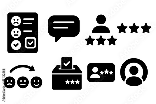 Customer Feedback Icons. Solid style icons of customer feedback: feedback form, comment card, review icon, rating stars. Solid