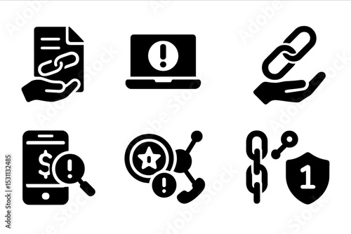 Blockchain Support Icons. Solid style icons of blockchain support tools: smart contract help, ledger issue, secure chain support,