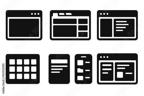 Solid UI Icons. Solid style icons of desktop UI layouts: widescreen view, multi-tab layout, dashboard frame, file manager UI.