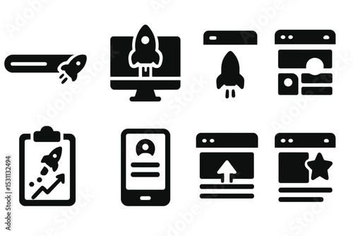 Product Launch Icons. Solid style icons of product launch UI: launch bar, release screen, go-live tab, first version layout. Solid