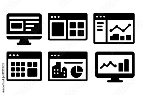 Solid Style Icons. Solid style icons of desktop platforms: desktop UI, app layout, admin panel, project screen. Solid style of