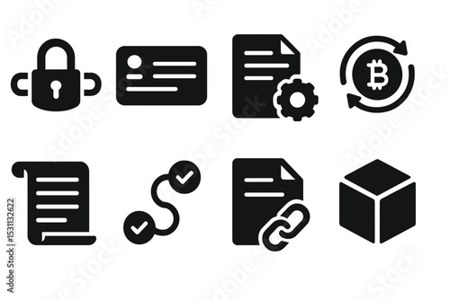 Blockchain System Icons. Solid style icons of blockchain systems: secure chain, ledger card, smart record, token sync. Solid style