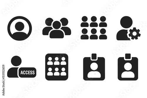 Team Icons Collection. Solid style icons of collaboration profiles: profile ring, team card, user grid, role avatar. Solid style