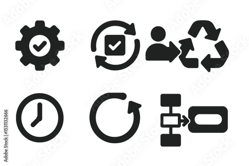 Solid Automation Icons. Solid style icons of automation features: rule gear, recurring task, auto assign, loop icon. Solid style
