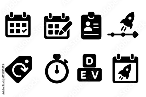 Startup Tools Icons. Solid style icons of startup tools: lean calendar, MVP planner, early access log, first-launch timeline.